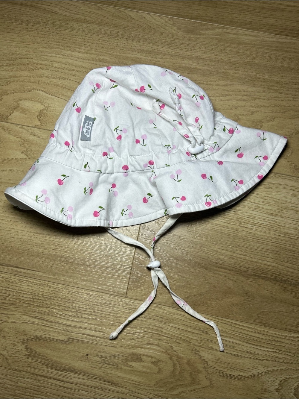 White Kids Sun Hat with Pink Cherry Print and Adjustable Chin Ties